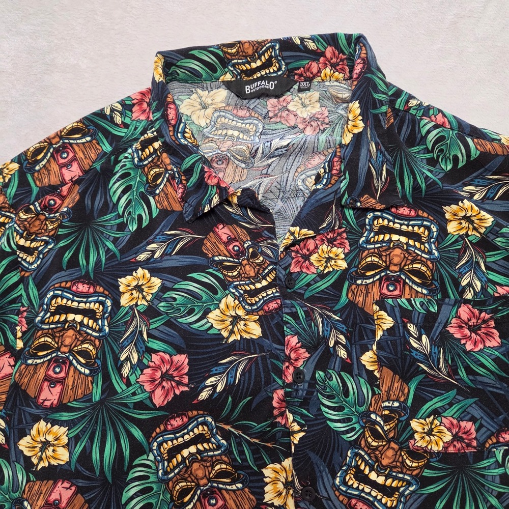 Buffalo Outdoors Tiki Tropical Hawaiian Rayon Button Down Shirt Mens 3XL Black